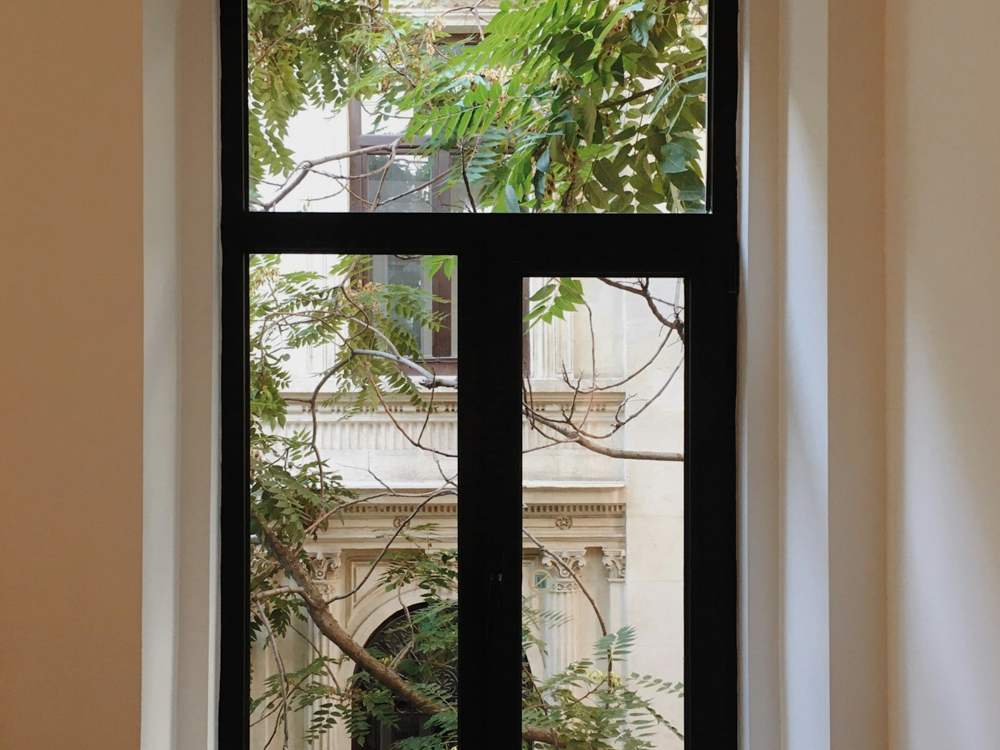 Fenêtre à profilés noirs donnant sur une façade ancienne et des arbres