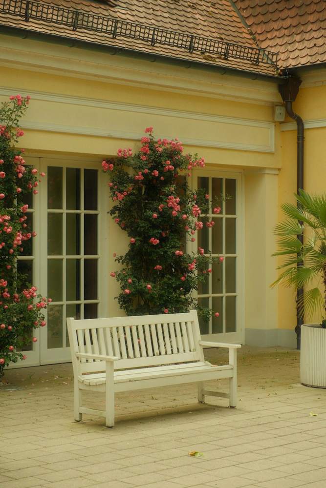 Portes-fenêtres ouvertes sur une terrasse fleurie