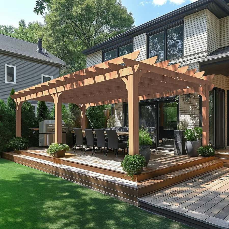Pergola en bois au-dessus d’une terrasse de jardin